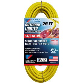 U.S. Wire 25 Ft. Three Conductor Yellow Temp-Flex Lighted Plug Cord, 14/3 Ga., 300V 15A