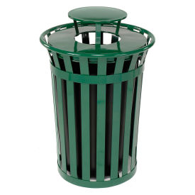 36 Gallon Outdoor Metal Slatted Trash Receptacle with Rain Bonnet Lid, Green