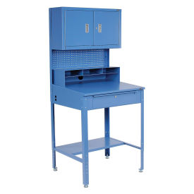 Shop Desk w/Pigeonhole Compartments, Cabinet Riser, 34-1/2"W x 30"D x 38 to 42-1/2"H, Blue