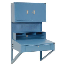 Shop Desk Wall Mount w/Pigeonhole Compartments and Cabinet Riser, 34-1/2"W x 30"D x 61"H, Blue