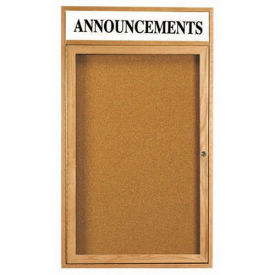 Aarco 1 Door Oak Enclosed Bulletin Board w/ Header - 24"W x 18"H