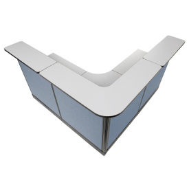 80"W x 80"D x 46"H L-Shaped Reception Station With Raceway, Gray Counter/Blue Panel