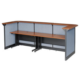 124"W x 44"D x 46"H U-Shaped Reception Station With Raceway, Cherry Counter/Blue Panel