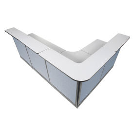 116"W x 80"D x 46"H L-Shaped Reception Station With Raceway, Gray Counter/Blue Panel