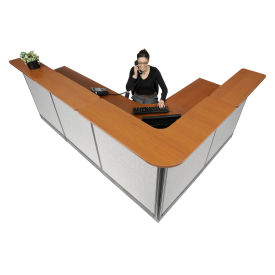 116"W x 80"D x 46"H L-Shaped Reception Station With Raceway, Cherry Counter/Gray Panel