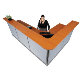 116"W x 80"D x 46"H L-Shaped Reception Station With Raceway, Cherry Counter/Blue Panel