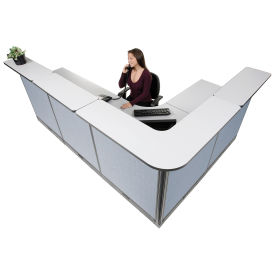 116"W x 80"D x 46"H L-Shaped Electric Reception Station, Gray Counter/Blue Panel