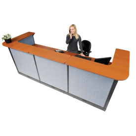124"W x 44"D x 46"H U-Shaped Electric Reception Station, Cherry Counter/Blue Panel