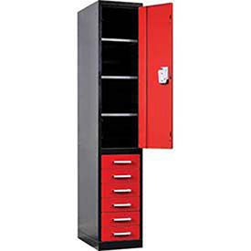 Fort Knox Locker Cabinet Single Half HT Door & 6 Drawers, 24x24x78, Black & Red