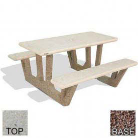38" Concrete Rectangular Picnic Table, Polished Tan River Rock Top, Red Quartzite Leg