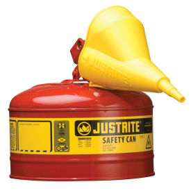 Justrite 7125110 Safety Can Type I-2-1/2 Gallon Galvanized Steel with Funnel, Red