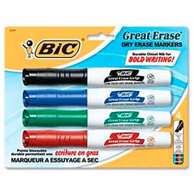 Bic® Great Erase Grip Dry Erase Marker, Chisel Tip, Black/Blue/Green/Red Ink, 4/Set