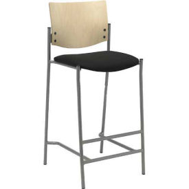 4-Legged Barstool, Silver Frame, Natural Wood Back, Brown Fabric Seat