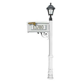 Mailbox w/Post Ornate Base & Solar Lamp, w/3 Address Plates, White