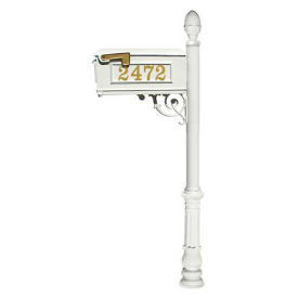 Lewiston Mailbox with Post, Ornate Base & Pineapple Finial, with Vinyl Numbers, White