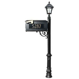 Mailbox w/Post Ornate Base & Solar Lamp, w/3 Address Plates, Black