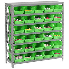 7 Shelf Steel Shelving with (30) 4"H Plastic Shelf Bins, Green, 36x18x39