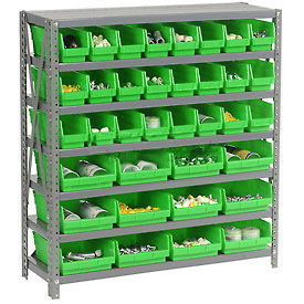 7 Shelf Steel Shelving with (36) 4"H Plastic Shelf Bins, Green, 36x18x39