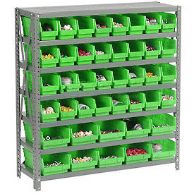 7 Shelf Steel Shelving with (42) 4"H Plastic Shelf Bins, Green, 36x18x39