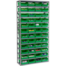 13 Shelf Steel Shelving with (48) 4"H Plastic Shelf Bins, Green, 36x12x72