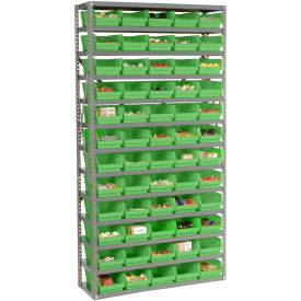 13 Shelf Steel Shelving with (60) 4"H Plastic Shelf Bins, Green, 36x12x72
