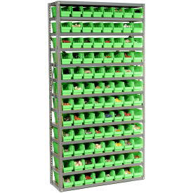 13 Shelf Steel Shelving with (96) 4"H Plastic Shelf Bins, Green, 36x12x72