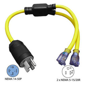 3-Feet 50 to 15/20-Amp Generator Y Adapter with NEMA 14-50P to 5-15/20R, Yellow