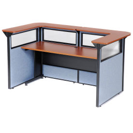 88" W x 44"D x 44"H U-Shaped Reception Station with Window, Cherry Counter/Blue Panel