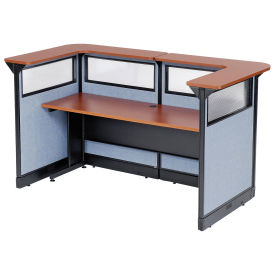 88"W x 44"D x 46"H U-Shaped Reception Station with Window and Raceway, Cherry Counter/Blue Panel