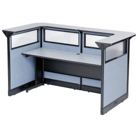 88"W x 44"D x 46"H U-Shaped Reception Station with Window and Raceway, Gray Counter/Blue Panel