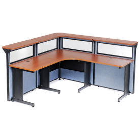 80"W x 80"D x 44"H L-Shaped Reception Station with Window, Cherry Counter/Blue Panel
