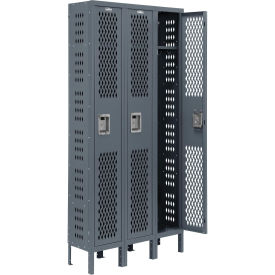 Ventilated Steel Locker, Single Tier, 3-Wide, 12x18x72, Unassembled, Gray