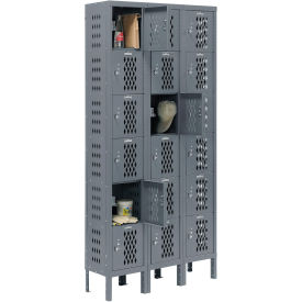 Heavy Duty Ventilated Steel Locker, Six Tier, 3-Wide, 12x15x12, Unassembled, Gray