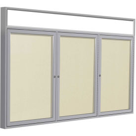 Ghent® 3 Door Enclosed Vinyl Bulletin Board w/Header, Ivory w/Silver Frame, 72"W x 48"H