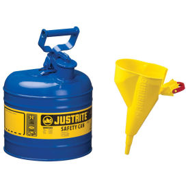 Justrite 7120310 Type I Steel Safety Can With Funnel, 2 Gallon (7.5L), Self-Close Lid, Blue