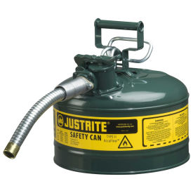 Justrite 7225430 Type II AccuFlow Steel Safety Can, 2.5 Gal., 1" Metal Hose, Green