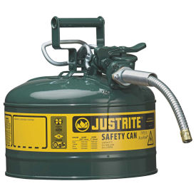 Justrite 7225420 Type II AccuFlow Steel Safety Can, 2.5 Gal., 5/8" Metal Hose, Green