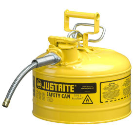 Justrite 7225220 Type II AccuFlow Steel Safety Can, 2.5 Gal., 5/8" Metal Hose, Yellow