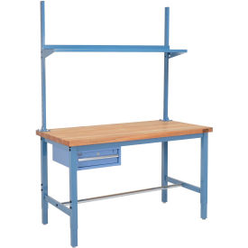 60"W x 30"D Production Workbench, 1-5/8" Thick Maple Top Square Edge, Drawer, Upright & Shelf, Blue