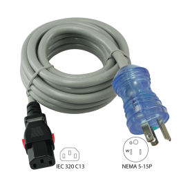 8', 13-Amp, 16/3 SJTW Hospital/Medical Grade Cord with Push Lock IEC C13