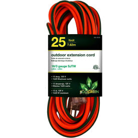 25 Ft 16/3 SJTW Outdoor Extension Cord, Orange w/ Lighted Green Ends
