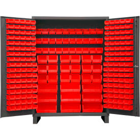 Global Industrial 16 Ga. All-Welded Bin Cabinet, Flush Door, 227 Red Bins, 60 x 24 x 84