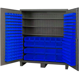 Global Industrial 16 Ga. All-Welded Bin Cabinet, Flush Door, 212 Blue Bins, 72x24x84