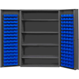 Global Industrial 16 Ga. All-Welded Bin Cabinet, Deep Door, 128 Blue Bins, 48 x 24 x 72