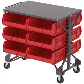 Akro-Mills Shelf-Top Bin Cart, (48) 5-1/2 x10-7/8 x5" Red Bins, 38-1/2 x24x36-1/2"