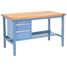 Workbench - Maple Butcher Block Square Edge with Drawers & Lower Shelf, 60"W X 30"D, Blue