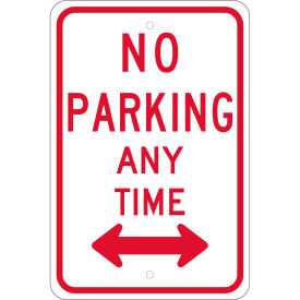 NMC Traffic Sign, No Parking Any Time With Double Arrow, 18" X 12", White, TM016J