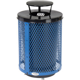Outdoor Diamond Steel Trash Can With Rain Bonnet Lid, 36 Gallon, Blue