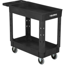 Industrial Service & Utility Cart, Plastic 2 Shelf Tray Black, 38” x 17-1/2”, 5" Rubber Casters
