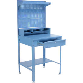34-1/2"W x 30"D x 38"H Shop Desk with Pigeonhole Riser, Pegboard, Top Shelf, Flat Surface, Blue
